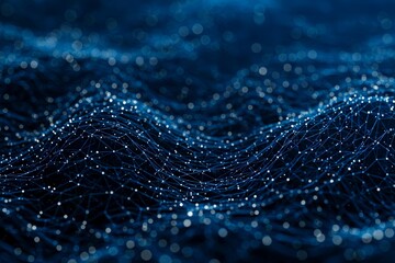 Abstract digital landscape of interconnected blue lines and dots forming wave-like patterns, resembling a data network or virtual terrain.