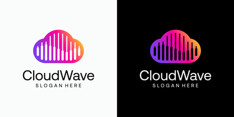 Negative space sound wave vector logo design in cloud shape with modern, simple, clean and abstract style. Icon for business, sound, entertainment and personal branding.