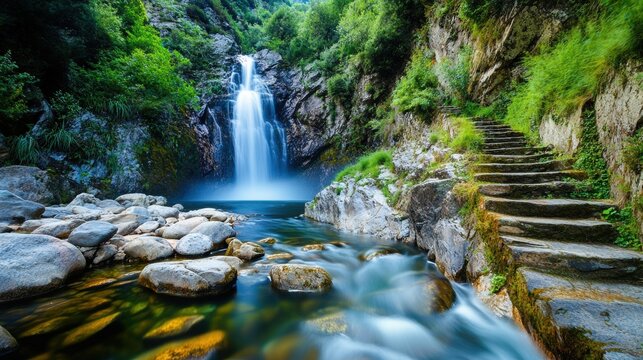 Serene Waterfall Surrounded by Lush Greenery and Rocky Pathway - Powered by Adobe