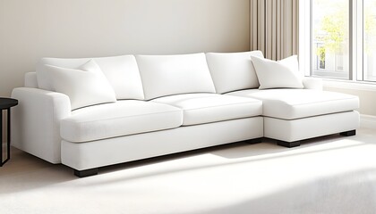 A spacious, off-white sectional sofa with plush cushions and dark wood legs sits in a bright, minimalist living room