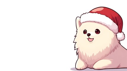 Adorable fluffy white puppy in a Santa hat, looking to the right, against a white background