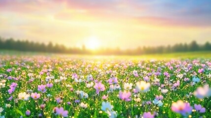 Obraz premium Colorful Wildflower Field During Sunrise with Gentle Morning Light