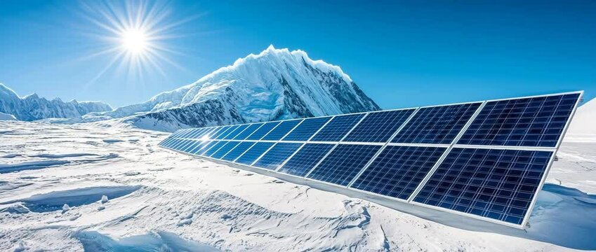 Solar Panel in Snowy Mountain: A compelling visual capturing a solar panel installation in a remote, snow-covered mountain setting, highlighting sustainable energy in a breathtaking environment. 