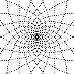Geometric web pattern with black dots connecting star-shaped lines on a white background