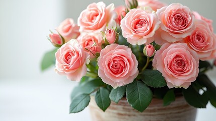 Delicate blooming roses in a ceramic pot, minimal studio shot