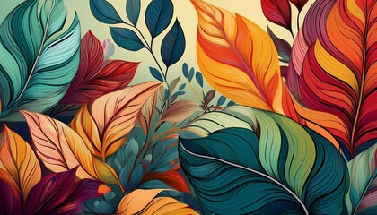 botanical illustrations featuring colorful leaves various shapes and sizes evoke sense of nature