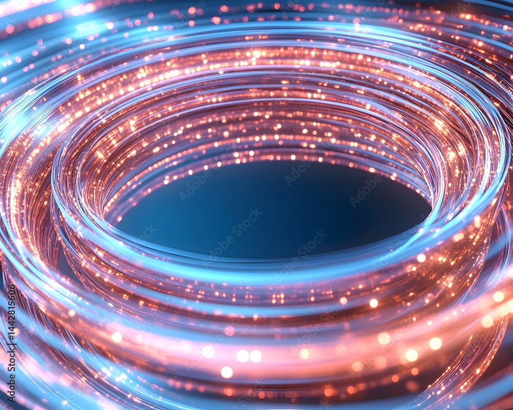 Poster glowing concentric rings with light trails and sparkle effect on dark background