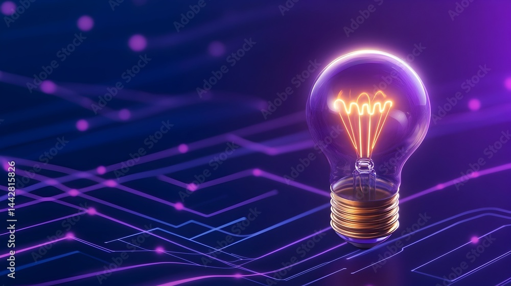 Poster glowing lightbulb on abstract circuit board, symbolizing innovation and technological advancement