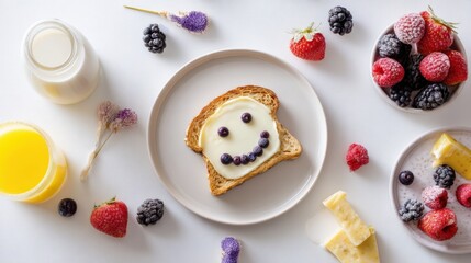 National School Breakfast Week. Happy breakfast scene with smiling toast, fresh berries, cheese, milk, and juice