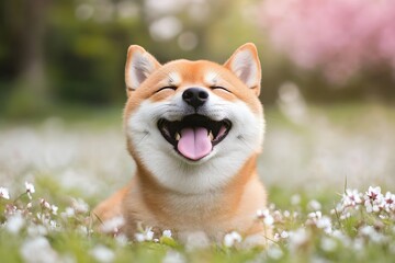 Smiling Shiba Inu Dog Lying on a Field of White Spring Flowers with Joyful Expression