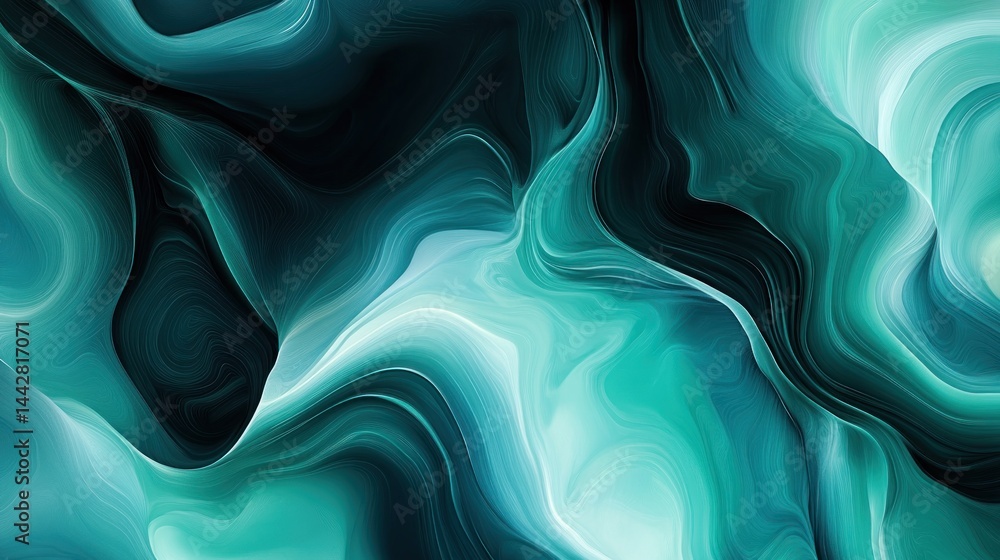 Poster abstract teal and black fluid dynamic pattern.