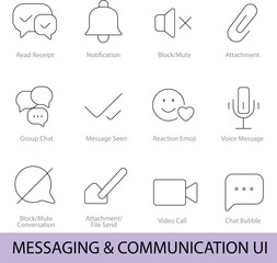 Messaging & Communication UI – 12 Minimal Line Icons for App Interface & Chat UX | Vector Set in AI, EPS, SVG | Designed in Adobe Illustrator