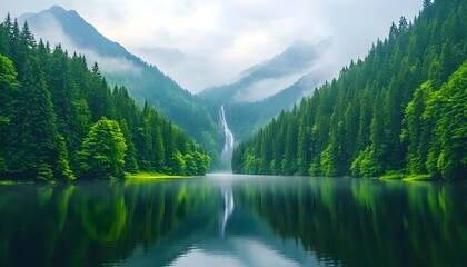 Serene mountain lake reflecting a misty waterfall nestled within lush evergreen forests