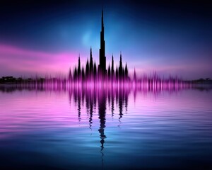 Fototapeta premium Dramatic City Skyline with Colorful Lights Reflected on Water Surface in Vibrant Night Scene