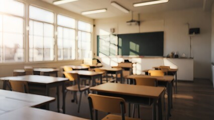 Empty Classroom with Chalkboard Desks