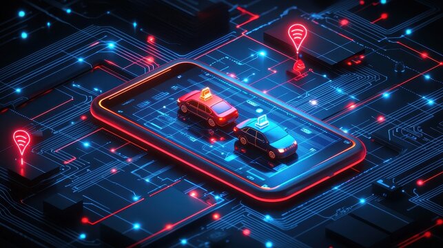 Digital City Concept with Smartphone and Autonomous Cars on Circuit Board