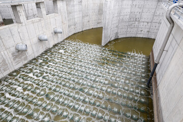 Biological treatment process in aeration basin closeup. Specialized equipment serves for breakdown...