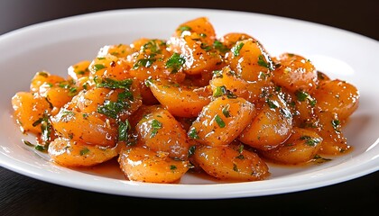Glazed potato pieces, glistening with a sweet-savory sauce and garnished with fresh herbs, served on a white plate
