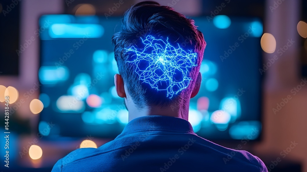 Aufkleber man sits before a screen, a glowing neural network visualized on his head, suggesting deep thought o