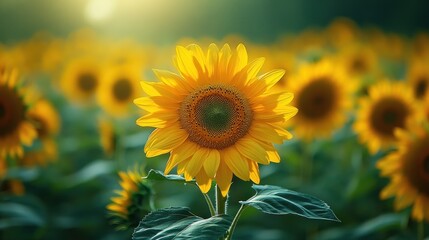 Fototapeta premium Vibrant sunflowers in a field at sunset, sunlight illuminating a single flower in the foreground.
