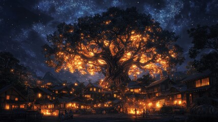 Enchanted Village Under Starry Sky with Radiant Tree and Cozy Homes