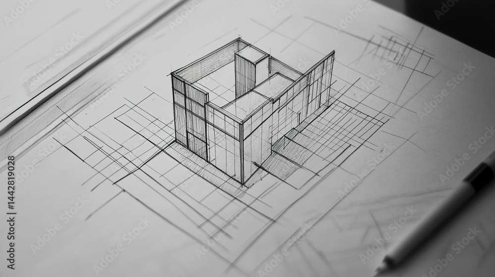 Poster hand drawn architectural design sketch with perspective grid and detailed lines