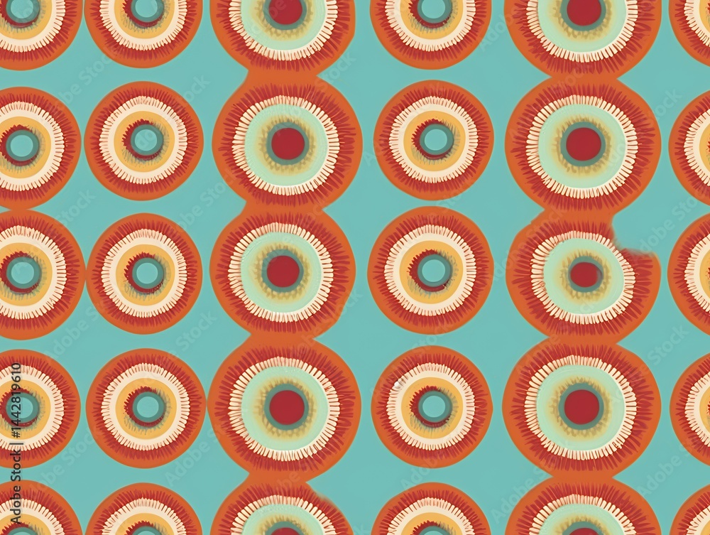 Poster teal background with repeated orange and red circles pattern