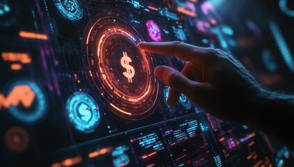 Futuristic financial interface.  Finger interacts with dollar sign on interactive display