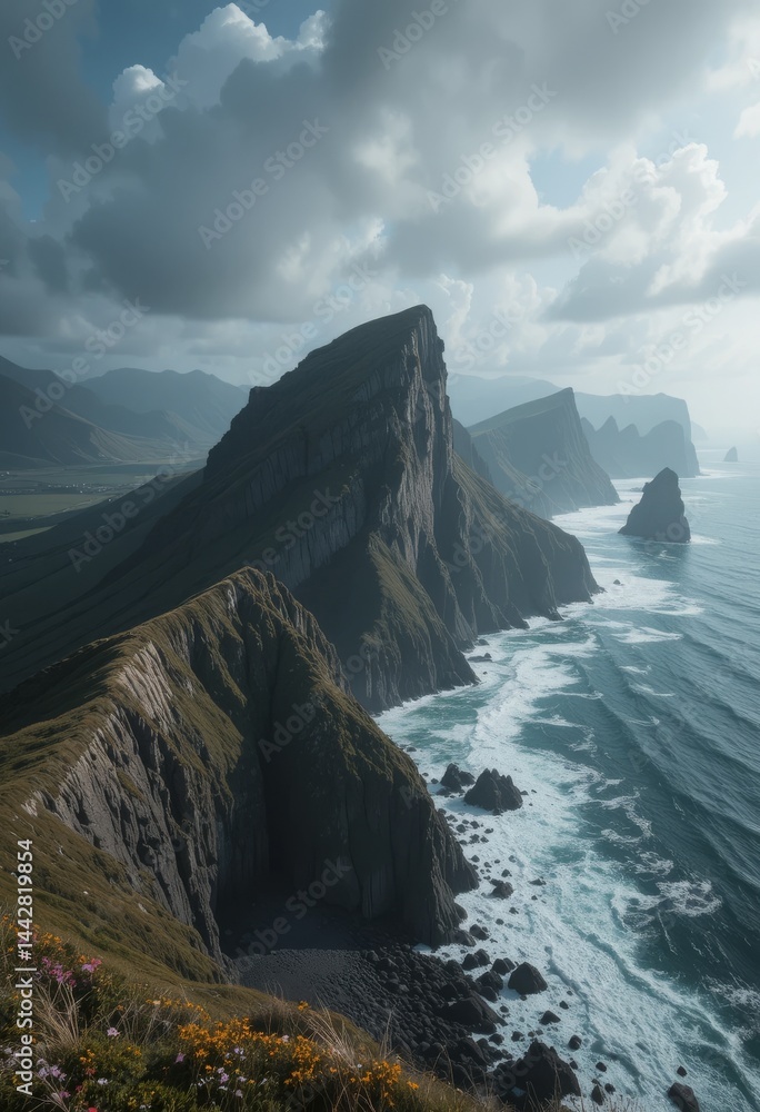 Poster a dramatic coastal landscape with towering sea stacks rising from the ocean under dynamic skies and 