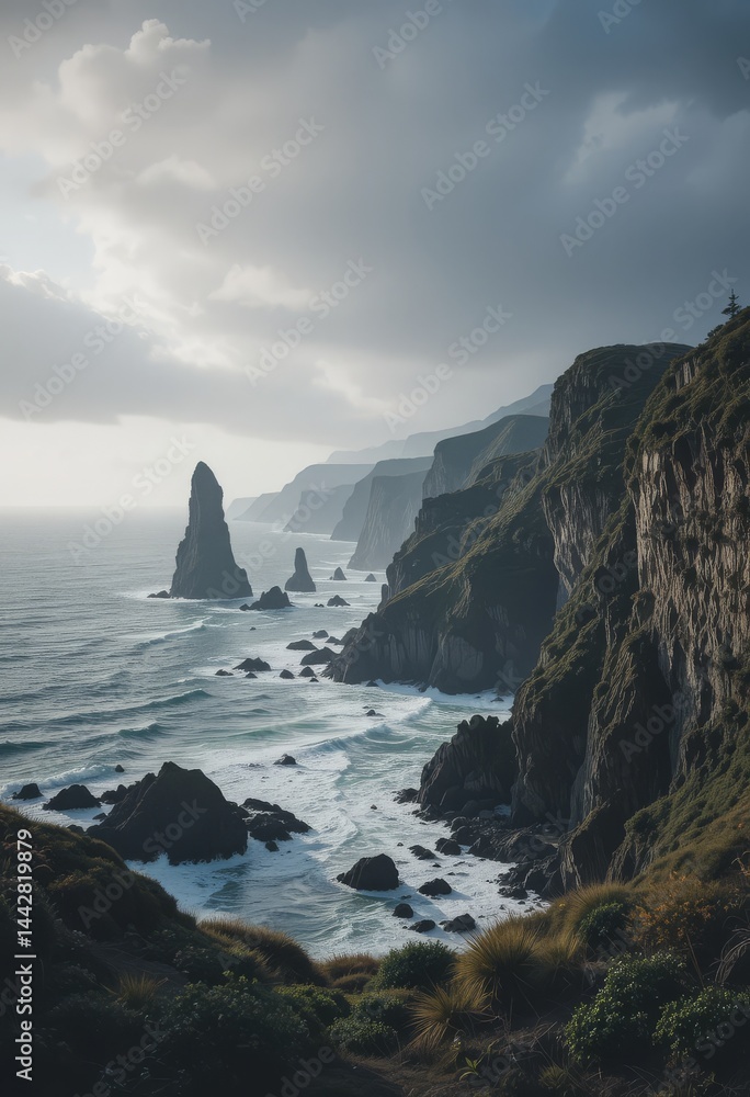 Poster a dramatic coastal landscape with towering sea stacks rising from the ocean under dynamic skies and 
