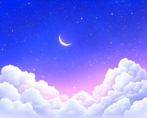 A crescent moon and stars shine above fluffy clouds in a vibrant twilight sky, blending purple, pink, and blue hues