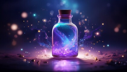 the bottle emits a soft purple and blue light while tiny magical sparks hover in the air