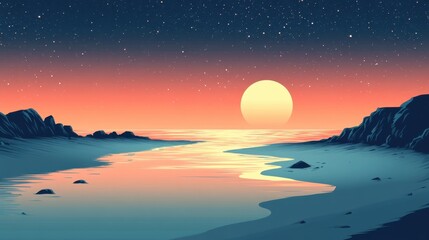 Fototapeta premium Serene Sunset Over a Tranquil Waterway with Starry Sky and Silhouetted Rocks in the Background