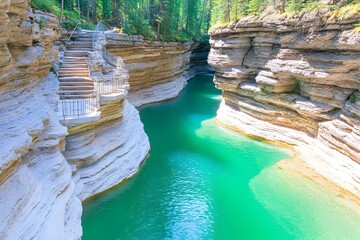 Sunlit turquoise river carves through a narrow, steep-walled canyon, featuring a stone staircase descending to the water's edge