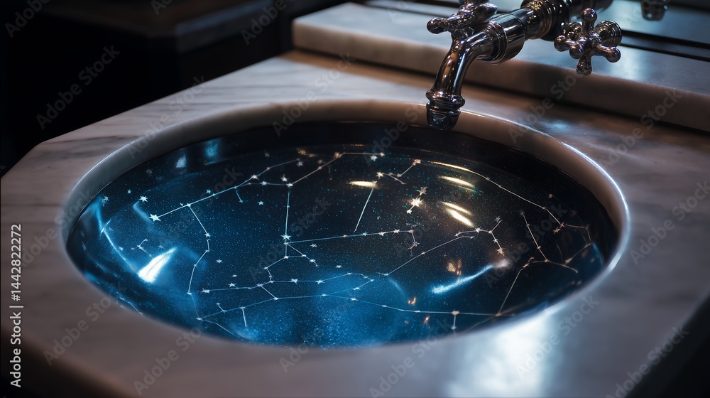Poster unique bathroom sink design featuring constellation patterns in a modern home setting