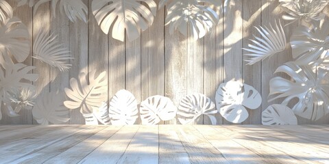 Elegant, sunlit interior display with tropical leaves.