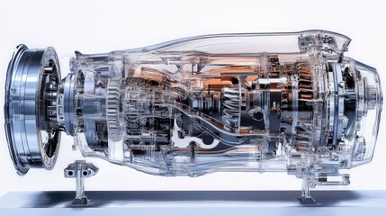 Transparent view of an automotive transmission, showcasing intricate internal components