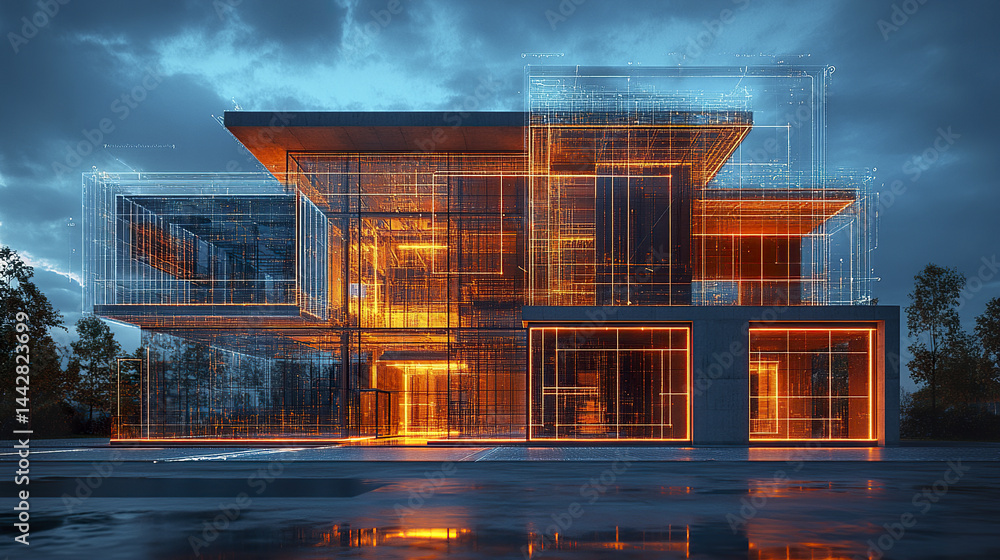 Poster high tech construction concept showcasing futuristic building structure with glowing elements