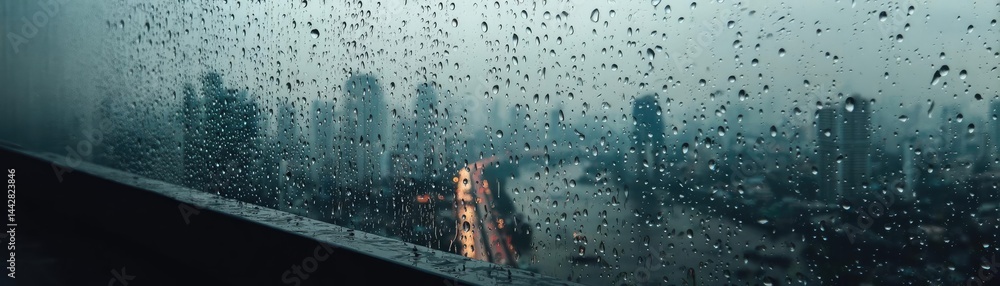 Poster raindrop on a window merging city atmosphere and rain pattern concept. cityscape viewed through rain