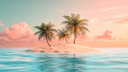 Serene Tropical Island Paradise with Palm Trees under a Vibrant Sunset Sky and Calm Ocean Waters