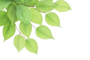 Vibrant, fresh green leaves on slender branches, arranged in a corner against a white backdrop