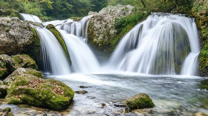 Fototapeta premium Serene Waterfall Flowing Over Mossy Rocks in Lush Green Landscape