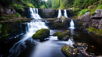 Fototapeta premium Serene Waterfall Cascading into Tranquil Rocky Pool in Nature