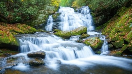 Obraz premium Serene Cascading Waterfalls Flowing Over Mossy Rocks in Nature