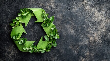 Eco-Friendly Recycling Symbol Adorned with Fresh Green Leaves on a Dark Textured Background