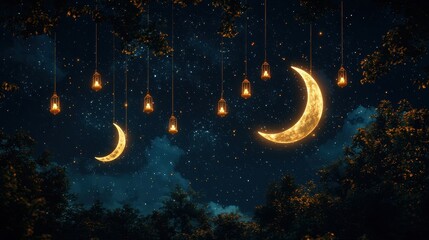 Naklejka premium Dreamy Night Scene with Lanterns and Crescent Moons Hanging