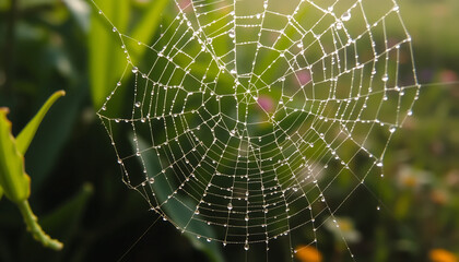 Naklejka premium Close-Up of Dew-Covered Spider Web
