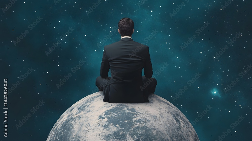 Poster businessman working on floating globe in outer space