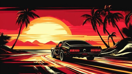 Retro Ride Sunset Drive on a PalmLined Coast