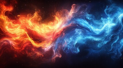 Abstract fiery and icy swirls collide in a cosmic space background.
